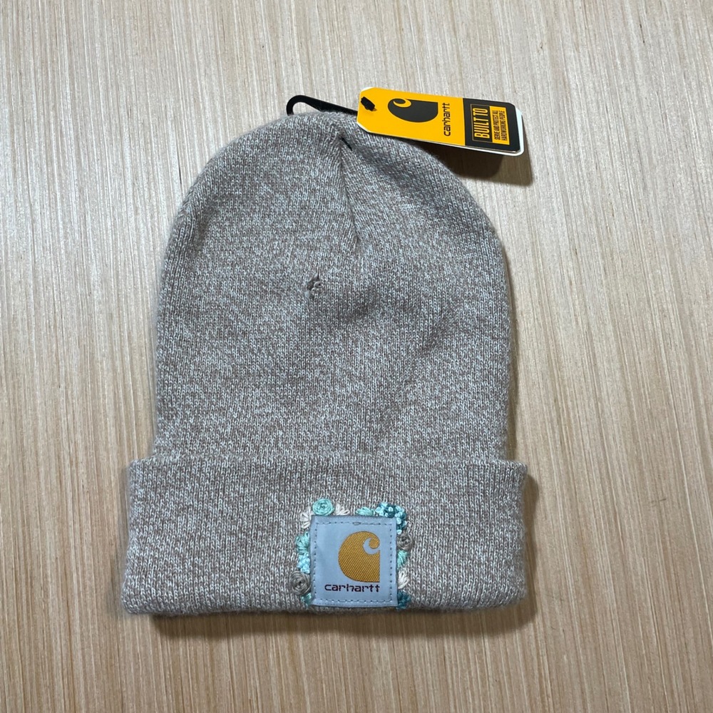Carhartt Beanie Womens Custom Floral Embroidered Heather Tan Knit Hat
